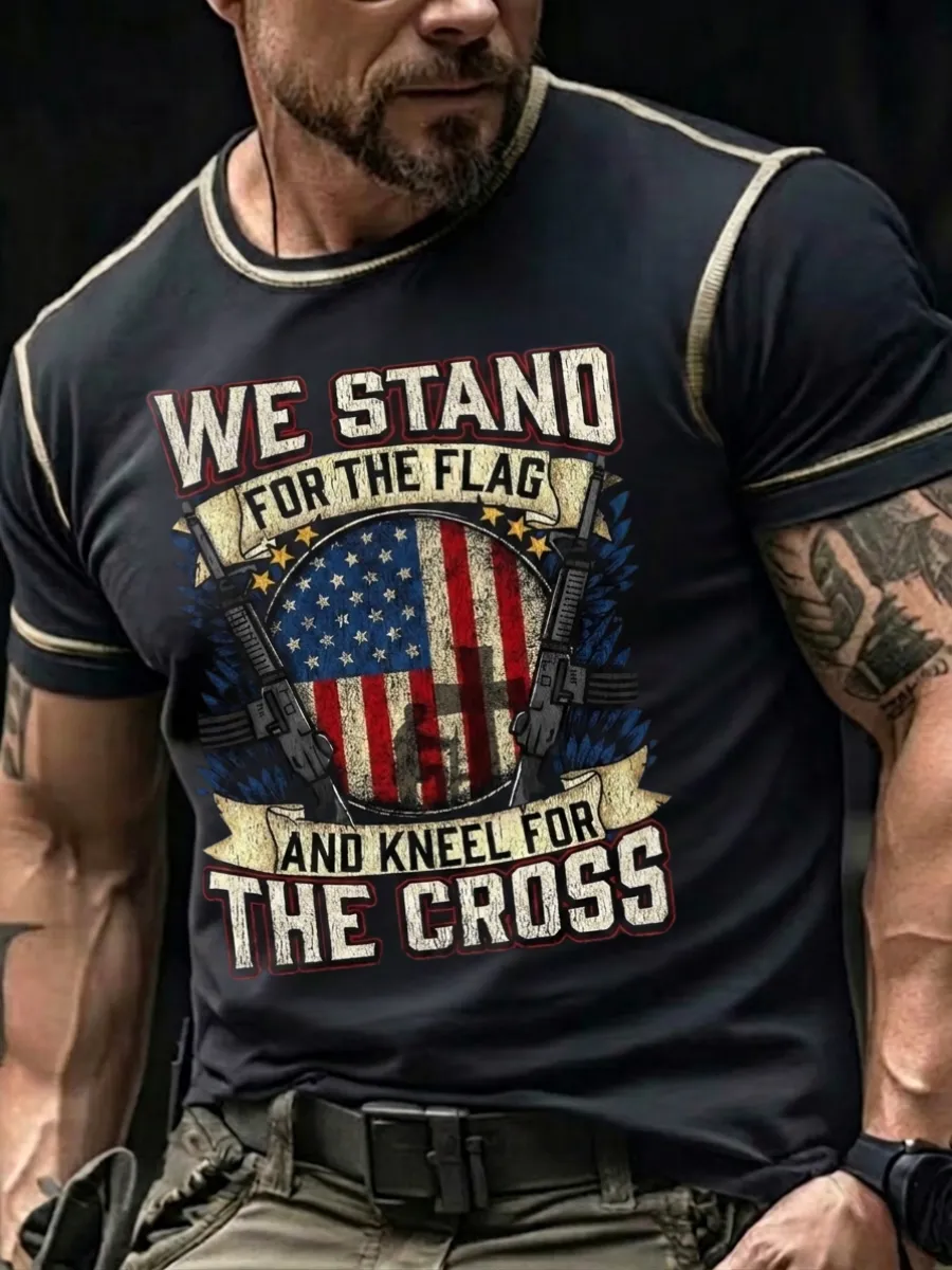 Men's America's 250th Anniversary Stand For The Flag Kneel For The Cross Faith Christian Cross Print T-Shirt