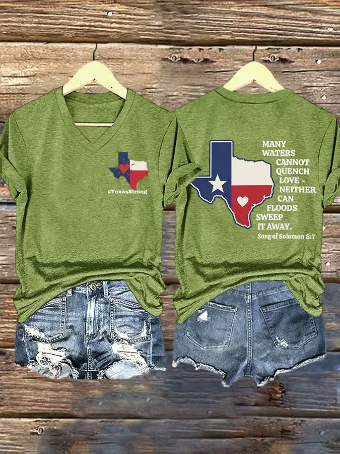 V-Neck Strong Green Letter Print T-Shirt