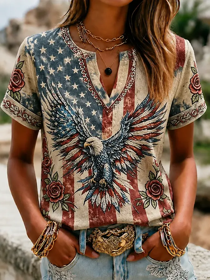 Women'S America Flag Printed Casual Cotton Linen Short Sleeved Shirt