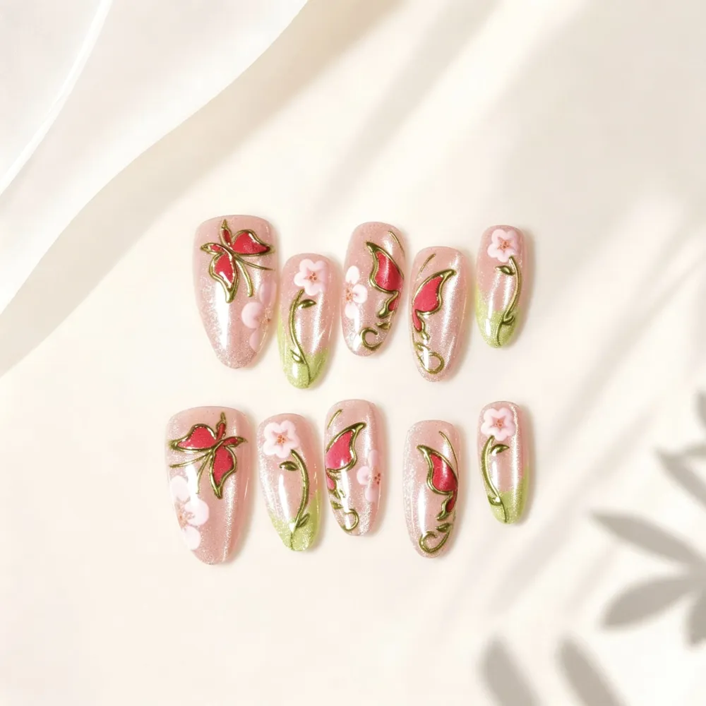 Nailhour 30Pcs Pink & Green Cat Eye Medium Almond French Press On Nails