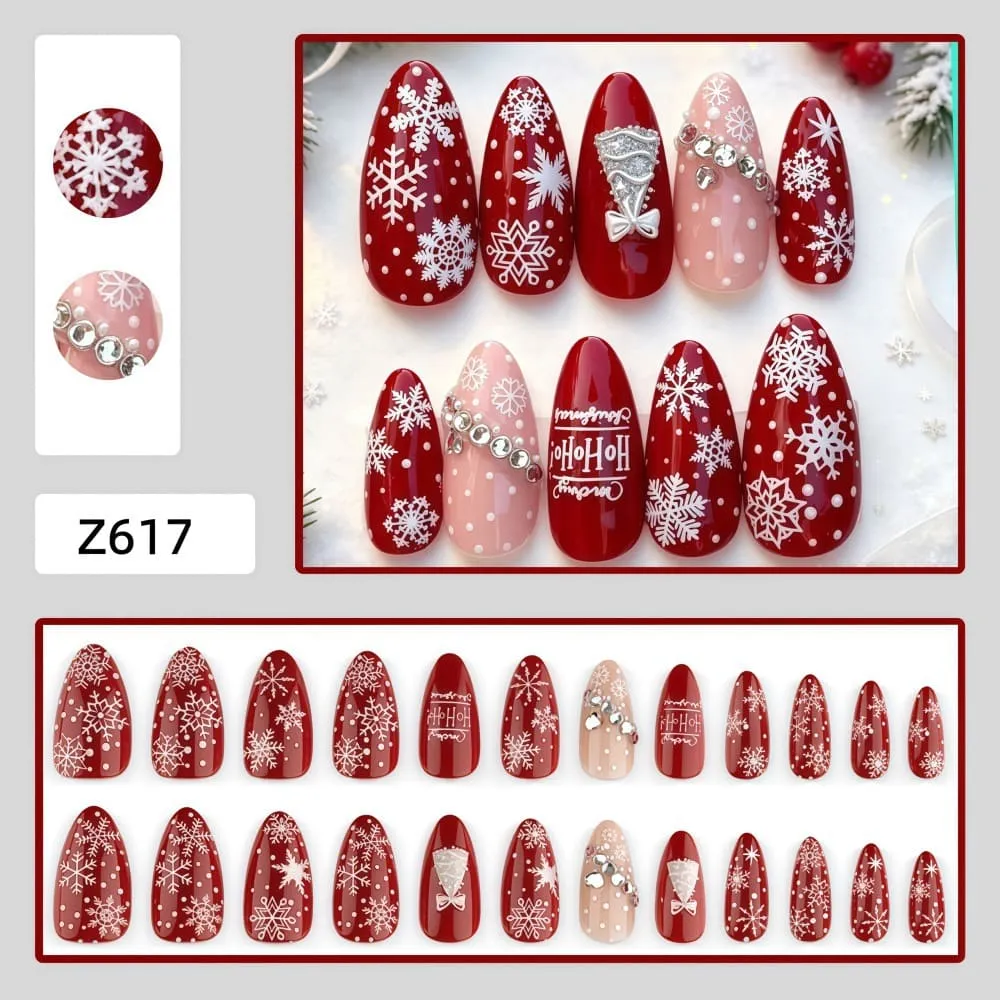 Nailhour 24Pcs Red Christmas Snowflake3D Medium Almond French Press On Nails