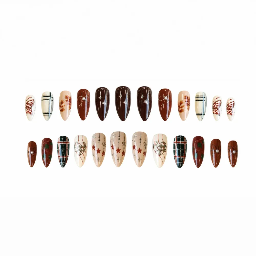 Nailhour 24Pcs Plaid Star Medium Almond French Press On Nails