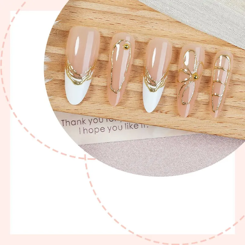 Nailhour 30Pcs French Gilded Minimalist Long Almond Press On Nails