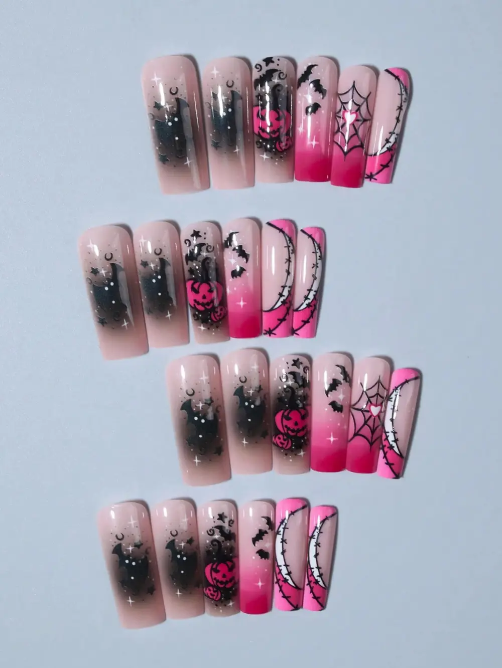 Nailhour 24Pcs Pink Halloween Gradient Extra Long Square Press On Nails