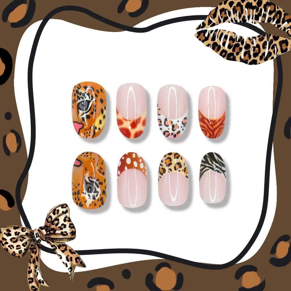 Nailhour 24Pcs Halloween Short Oval Leopard Print French Press On Nails