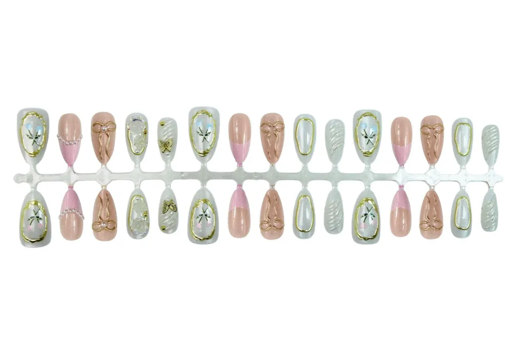 Nailhour 30Pcs Gilded 3D Sweet Medium Almond French Press On Nails