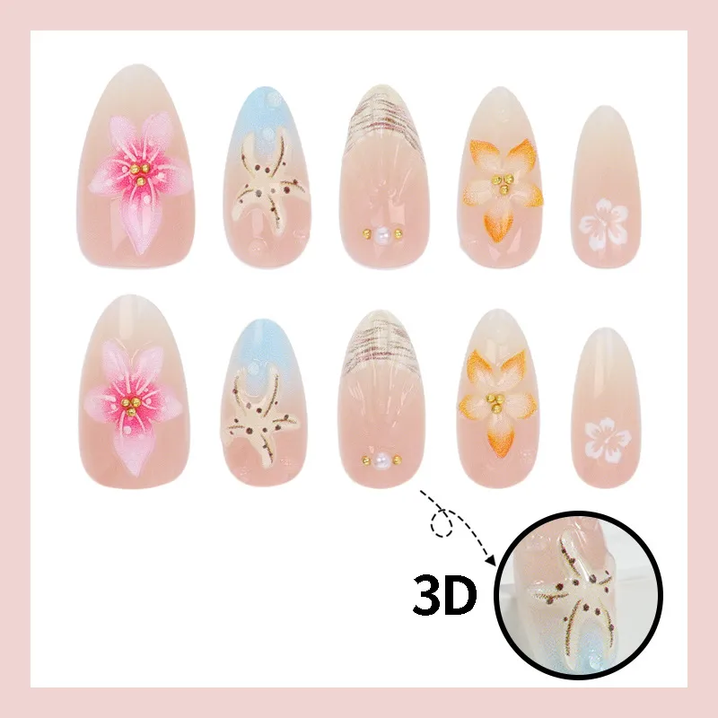Nailhour 3D Nude Floral 30Pcs Ocean Summer Press On Nails