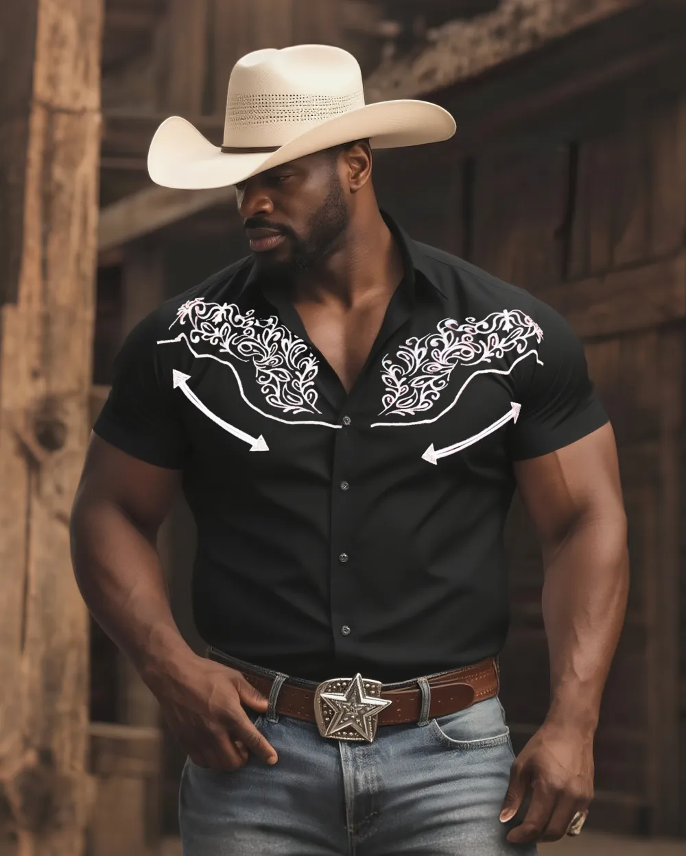 Men'S Western Style Daily Casual Textured Dark Short Sleeve Shirt