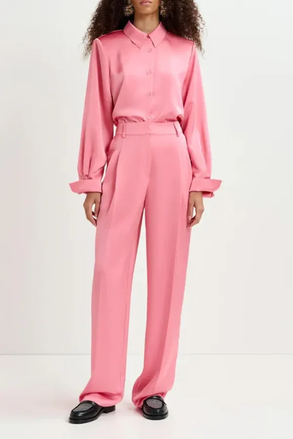 Pink Belted Waist Satin Shirts