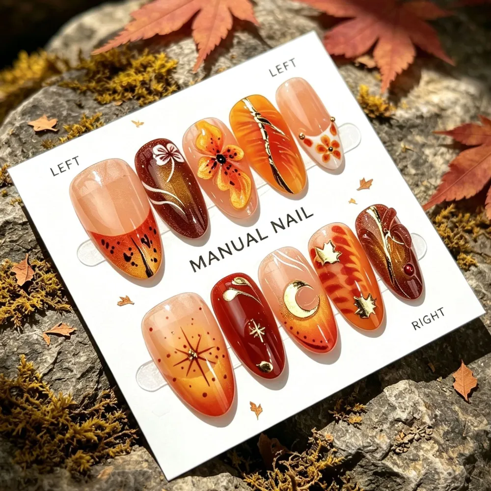 Nailhour 30Pcs Gilded Maple Leaves Medium Almond 3D Press On Nails