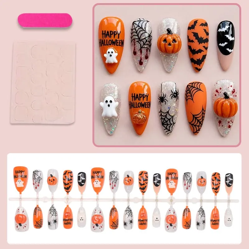 Nailhour 30Pcs Pumpkin 3D Medium Almond Halloween Press On Nails
