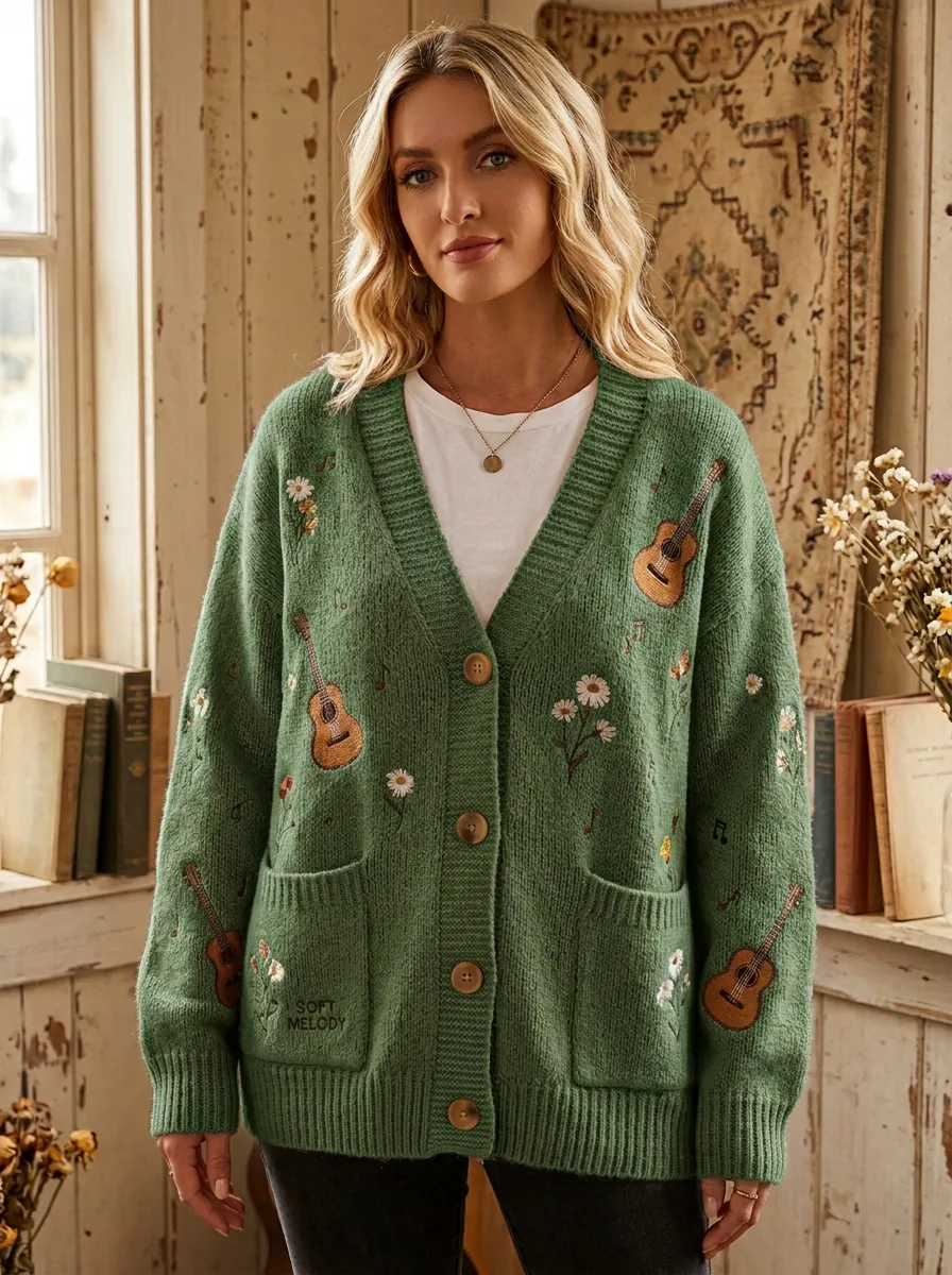 Rustic Music-Themed Women's Country Music Knit Cardigan