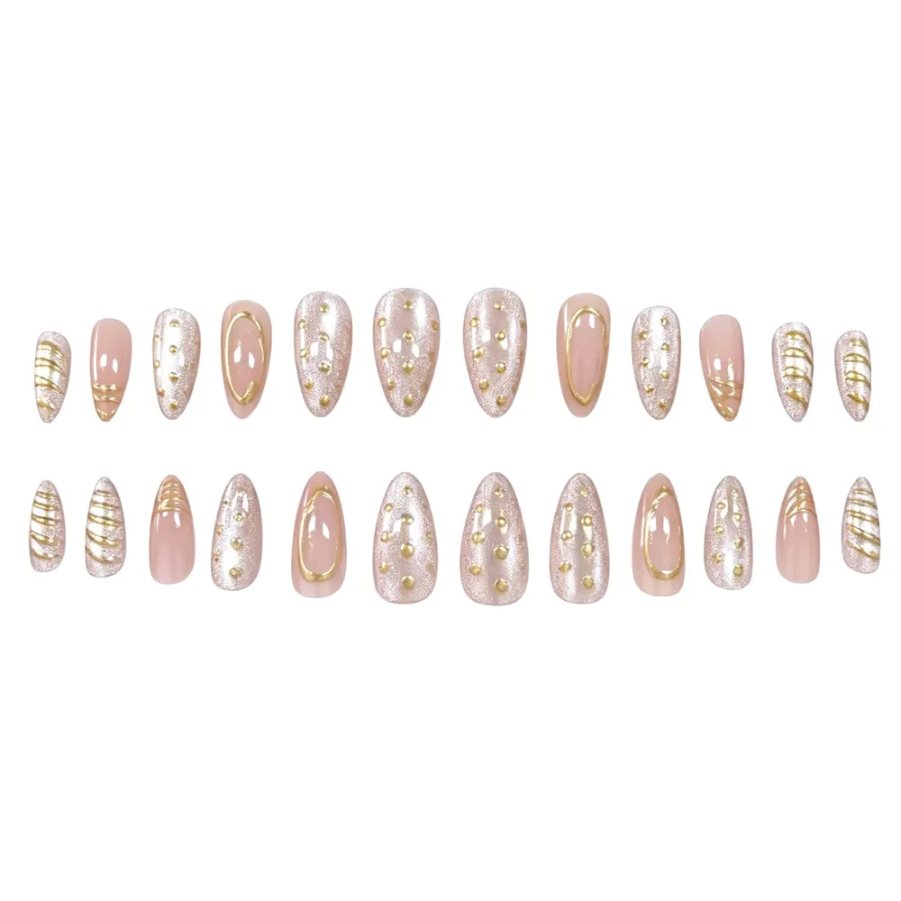 Nailhour 24Pcs Cat Eye Gilded French 3D Medium Almond Press On Nails