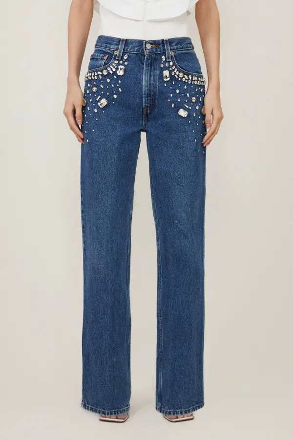 Straight-Leg High-Rise Jeans With Diamonds