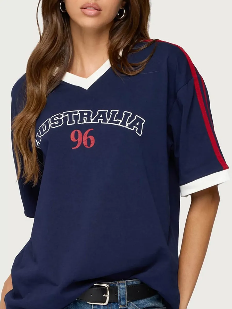 Women's Letter-Printed Color-Blocking V-Neck T-Shirt