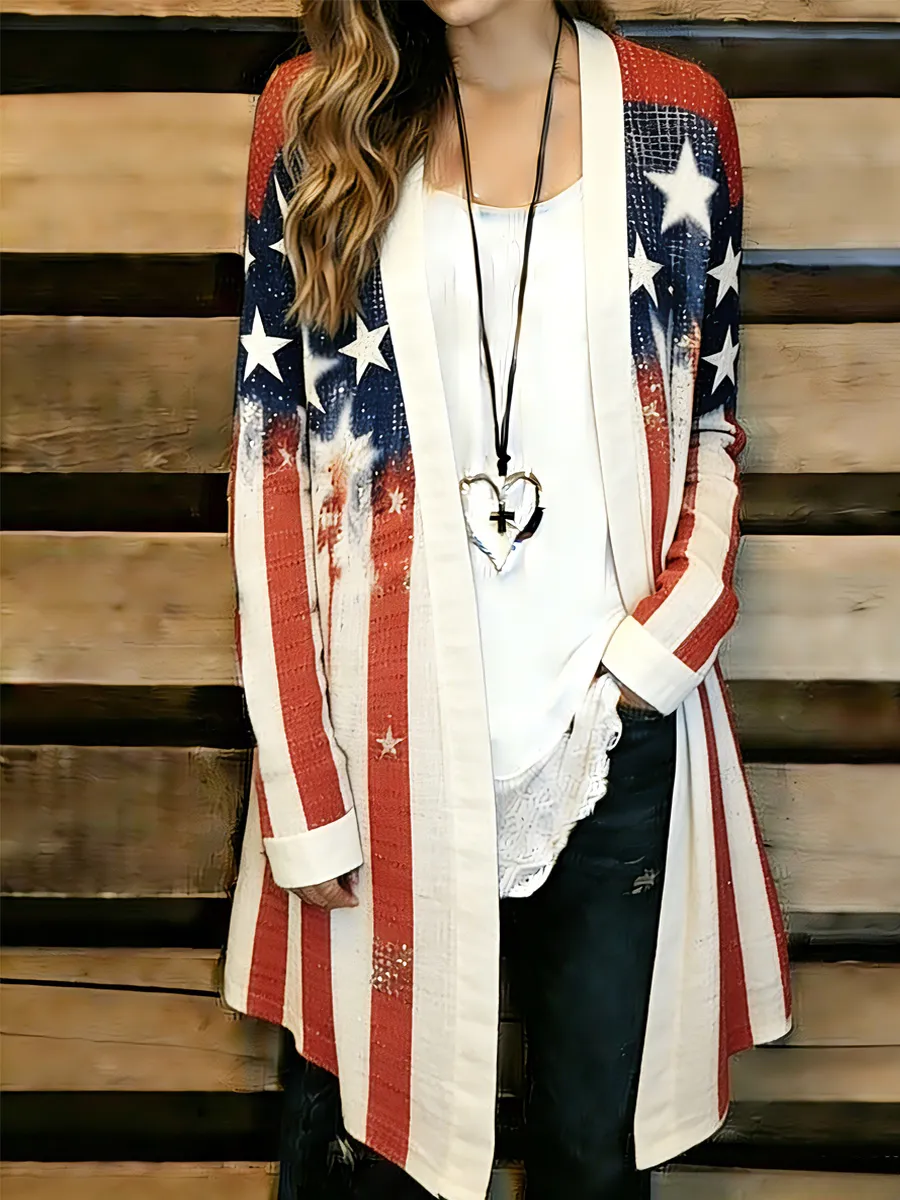 Women's Casual American Flag Print Cardigan