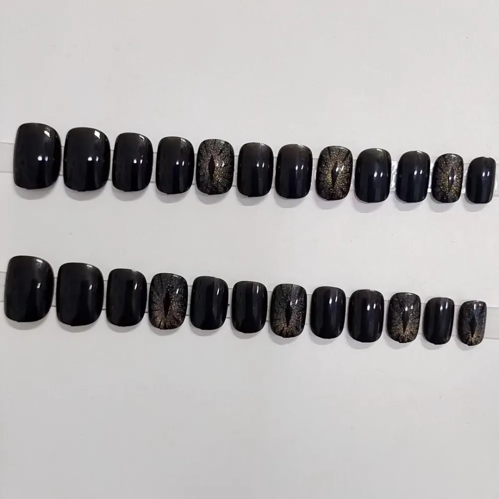 Nailhour 24Pcs Black Starry Sky Cat's Eye Devil Eye Oval Press On Nails