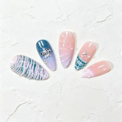 Nailhour 24Pcs Rhinestone 3D Blue Medium Almond Summer Press On Nails