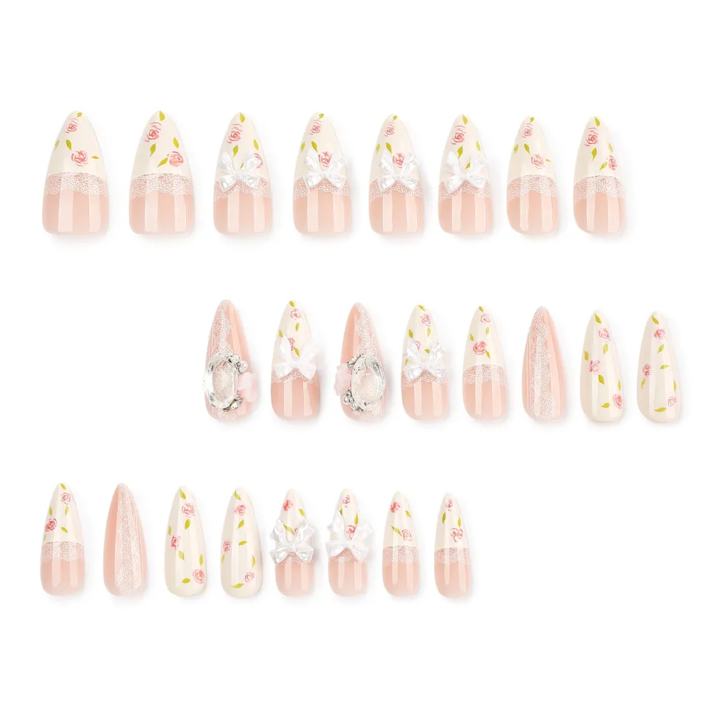 Nailhour 24Pcs French 3D Floral Long Almond Press On Nails