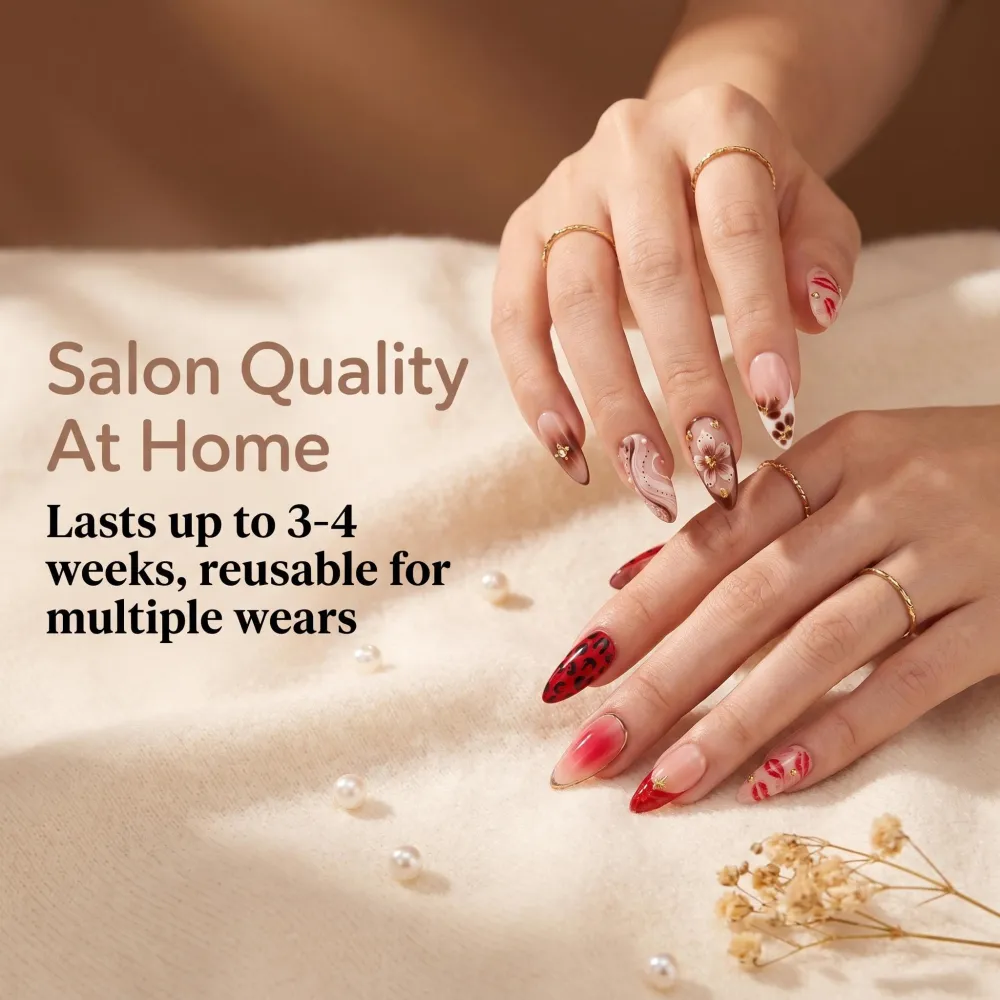 Nailhour 24Pcs Pink French Medium Coffin Gilded Press On Nails