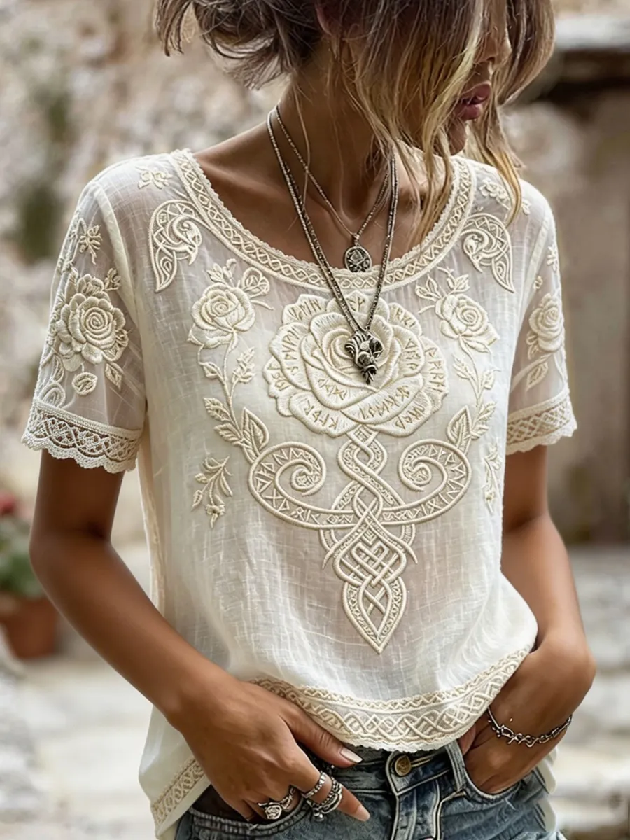 Vintage Viking Floral Print Women's Linen T-Shirt