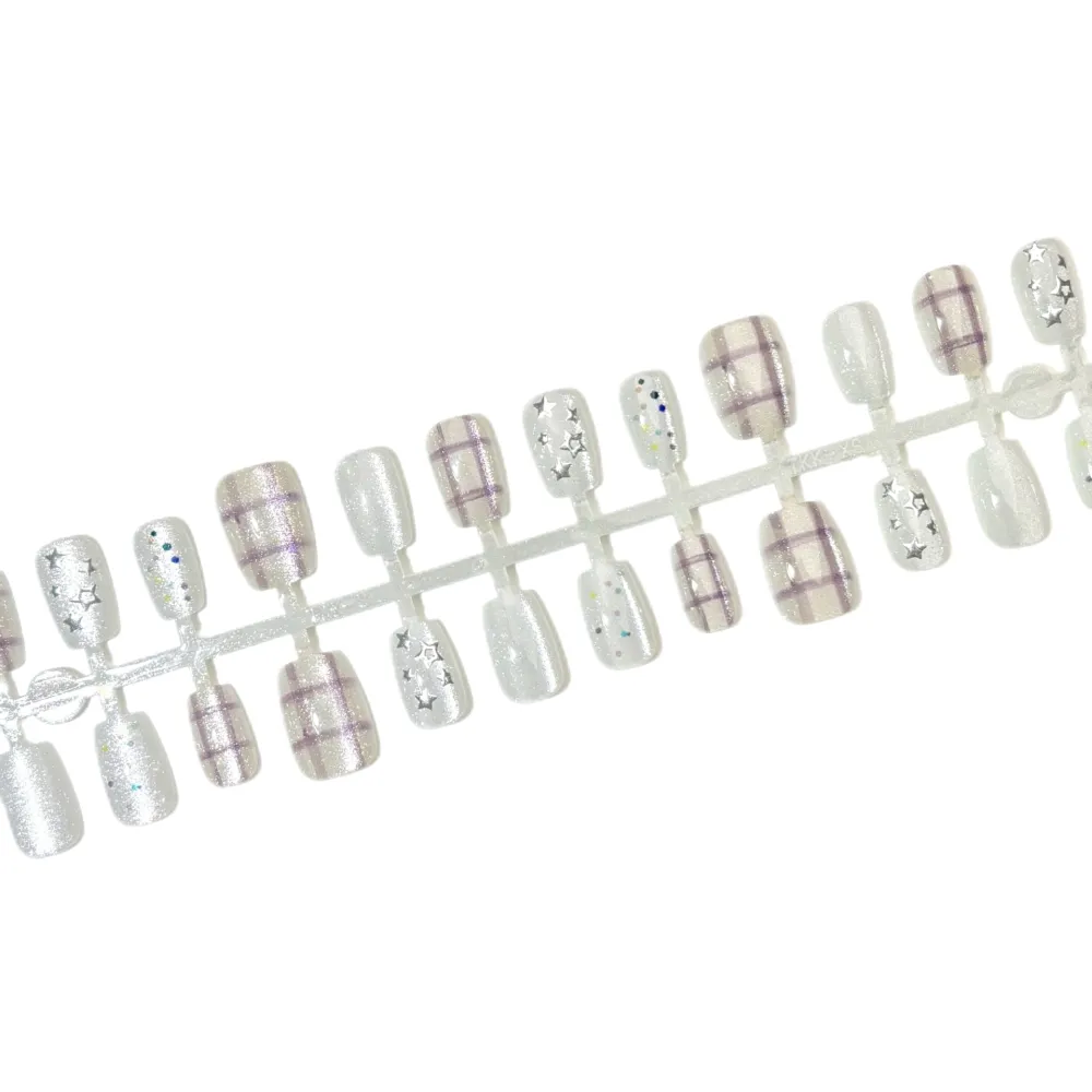 Nailhour 30Pcs Silver White Checkered Medium Square French Press On Nails