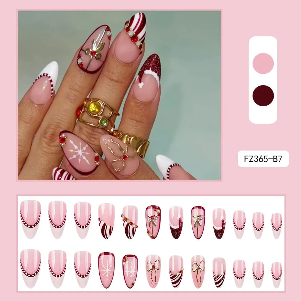 Nailhour 24Pcs Snowman 3D Medium Almond Christmas French Press On Nails
