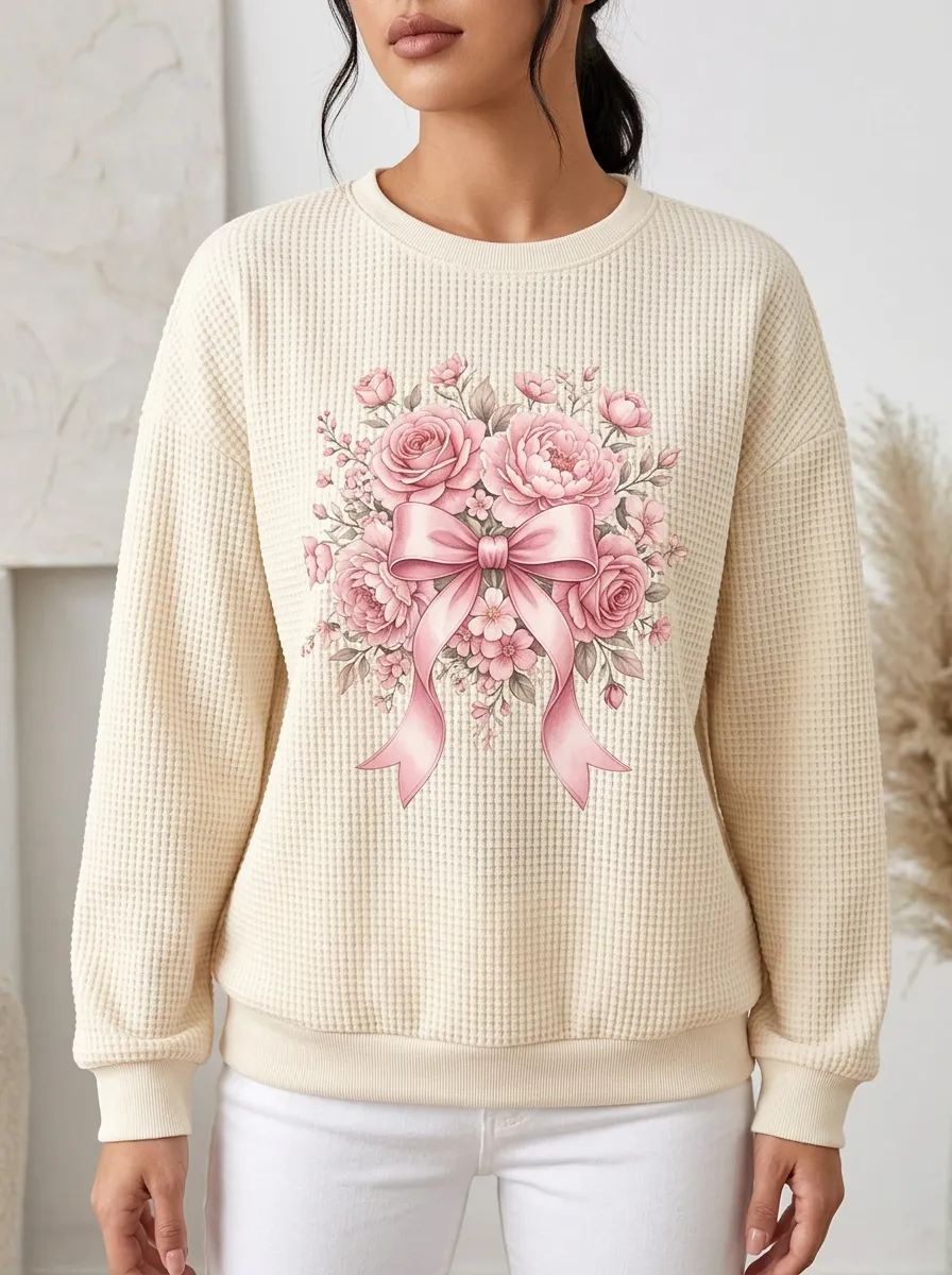 Women's Breast Cancer Awareness Pink Rose Bow Printed Waffle Sweatshirt