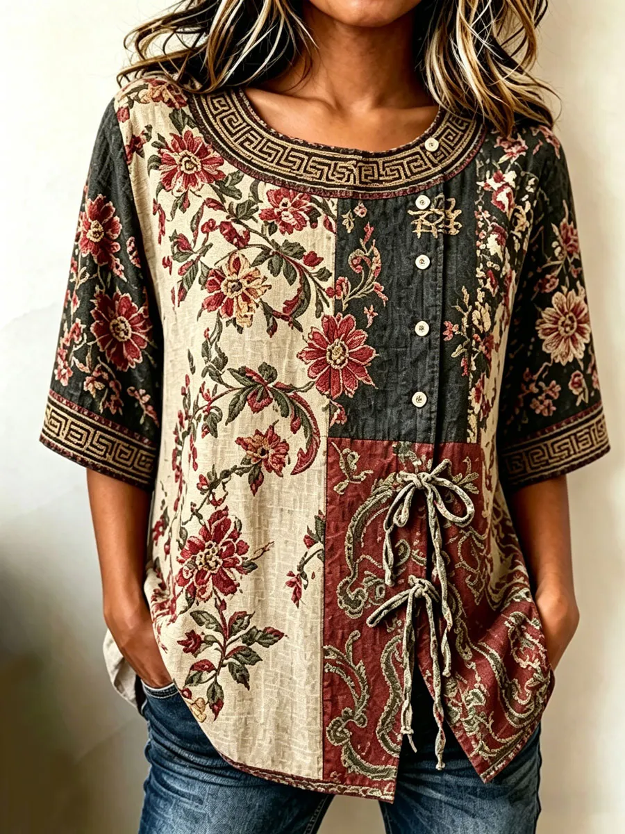 Women'S Casual Print Cotton Linen Top