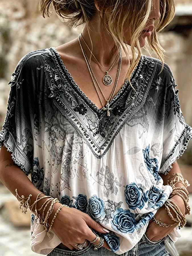Women's Bohemian Art Floral Print Retro Cotton Linen Top