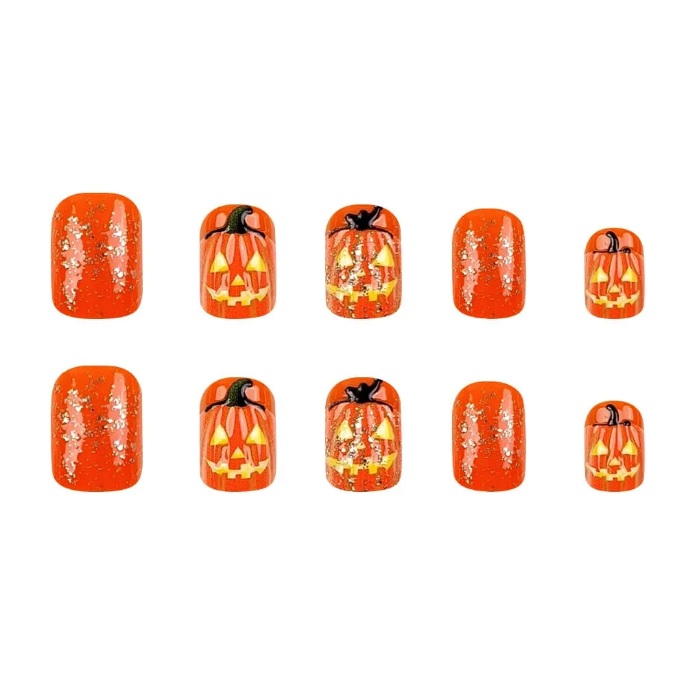 Nailhour 24Pcs Orange Halloween Medium Square Press On Nails
