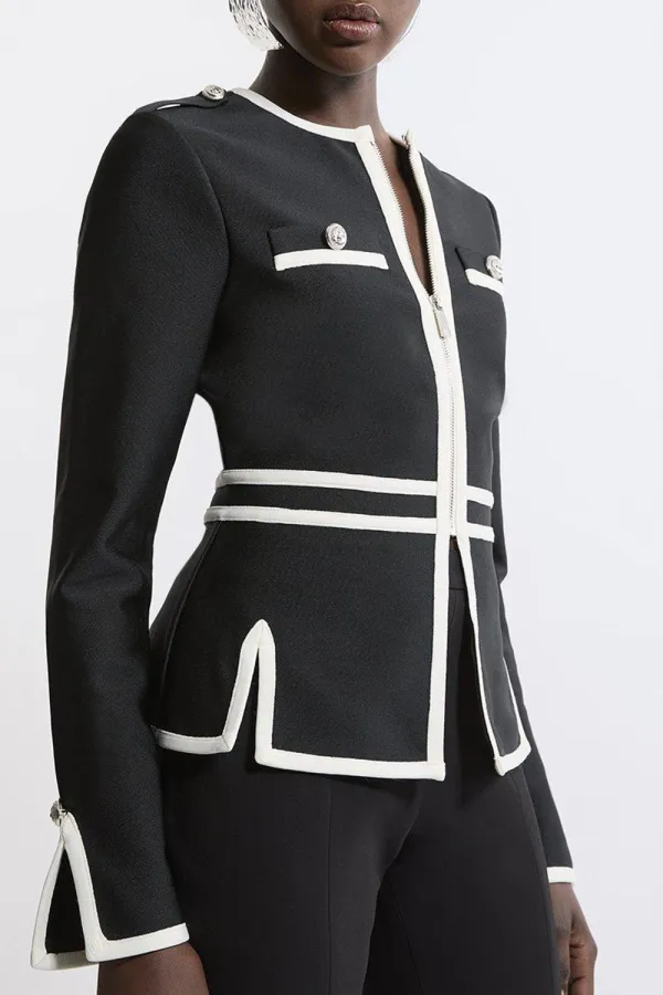 Bandage Military Contrast Piping Knit Split Hem Jacket