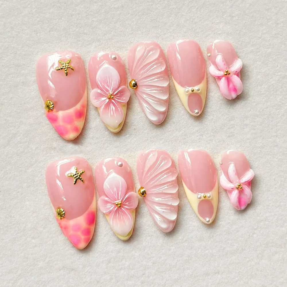 Nailhour 30Pcs Floral 3D Medium Pink Almond French Press On Nails