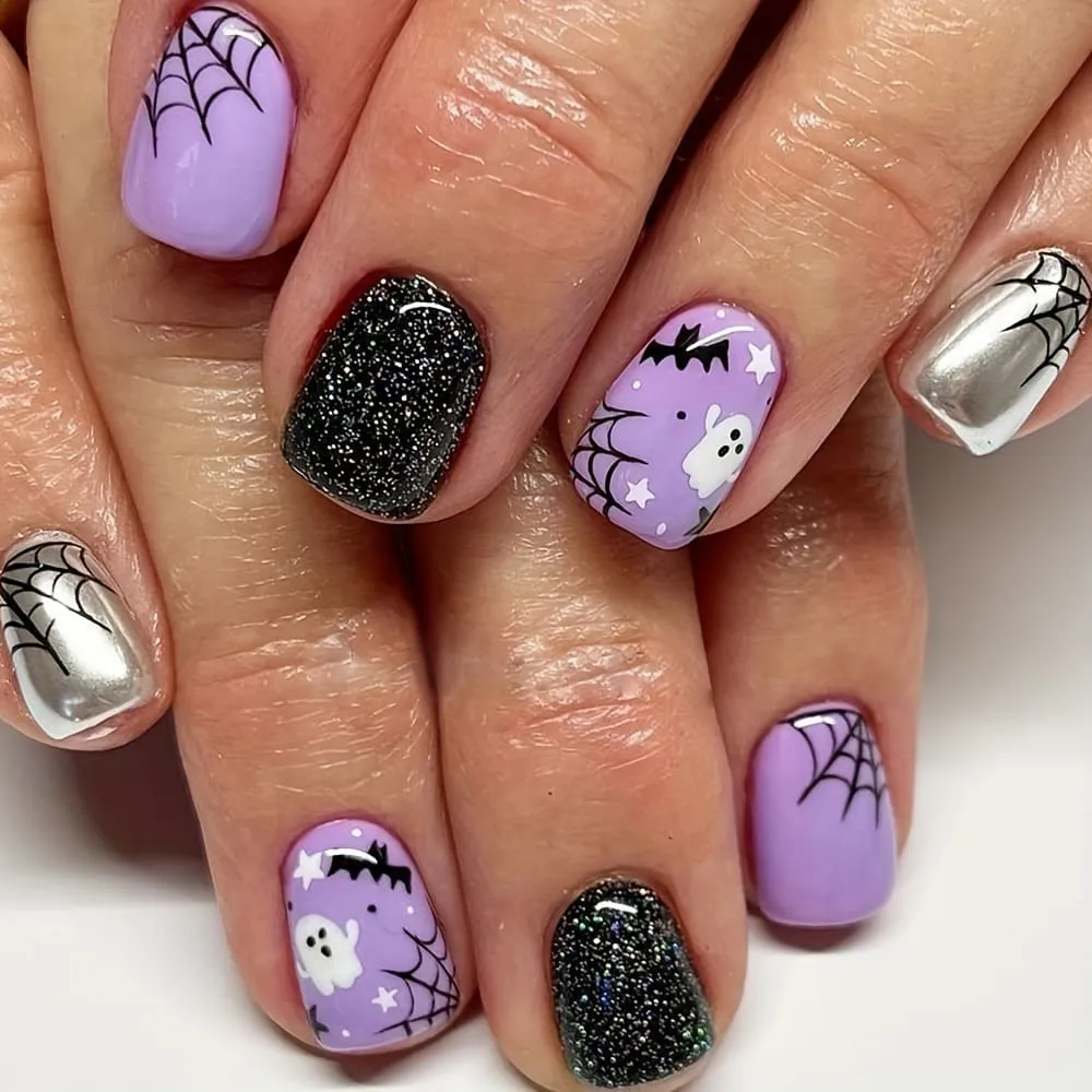 Nailhour 24Pcs Halloween Ghost Spider Web Glitter Short Squoval Press On Nails