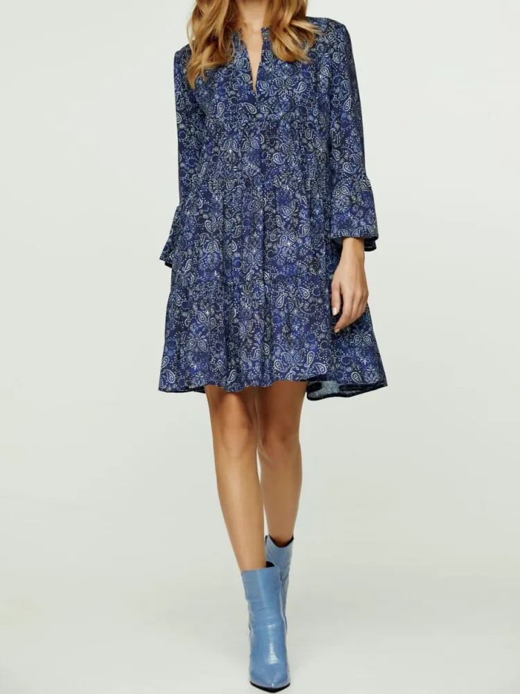Paisley Print Notched Dress