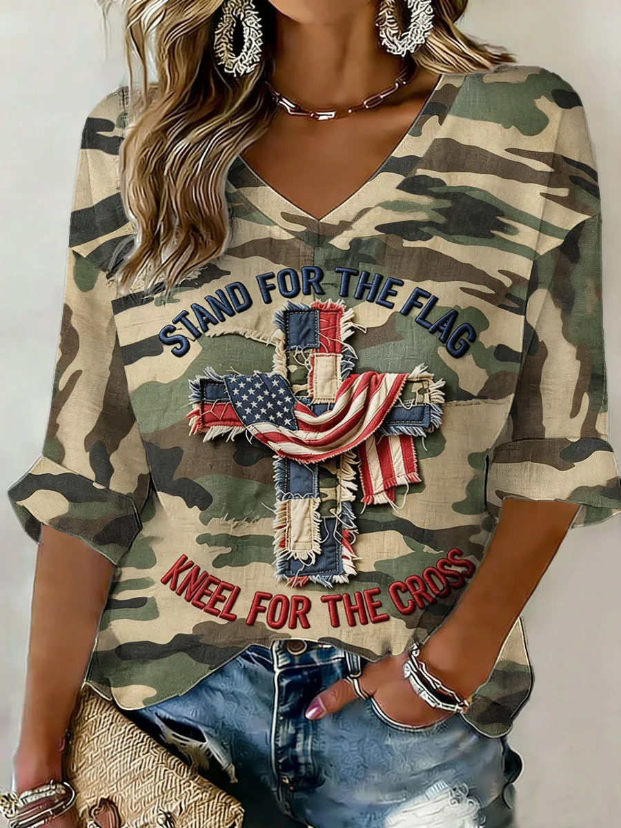 Women'S Casual Religious Print V-Neck T-Shirt