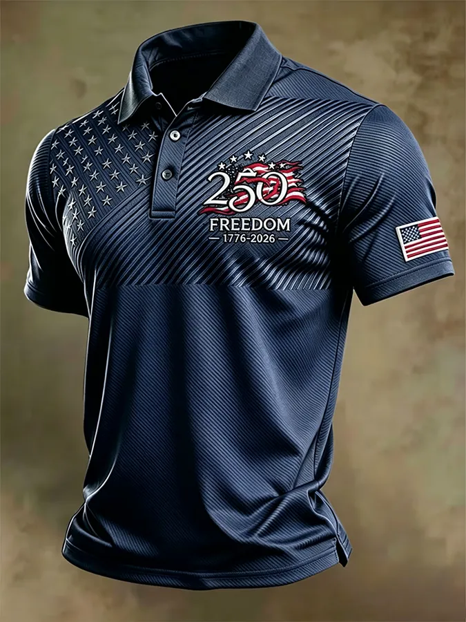 Men'S American Flag Print Casual Polo Shirt
