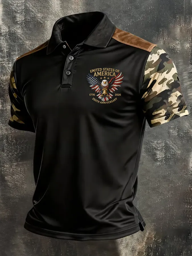 Men's Retro Patriotic Color-Block Short-Sleeve Polo Shirt