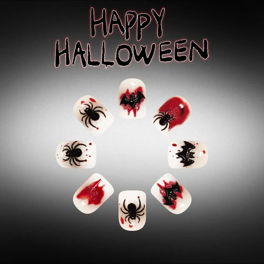 Nailhour 24Pcs Glossy French 3D Bat Halloween Short Square Press On Nails