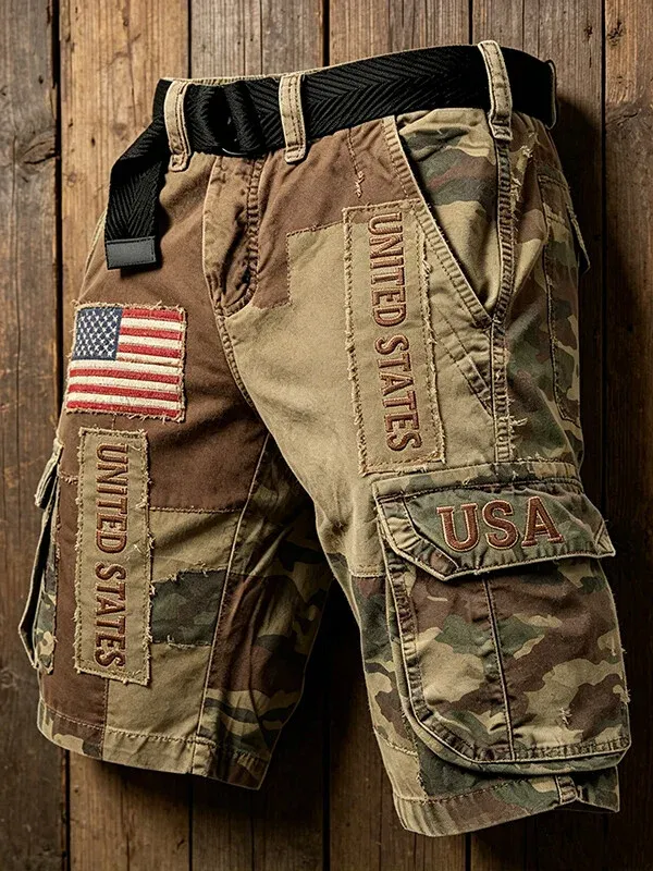 Men'S American Flag Patchwork American Anniversary Art Print Denim Casual Shorts