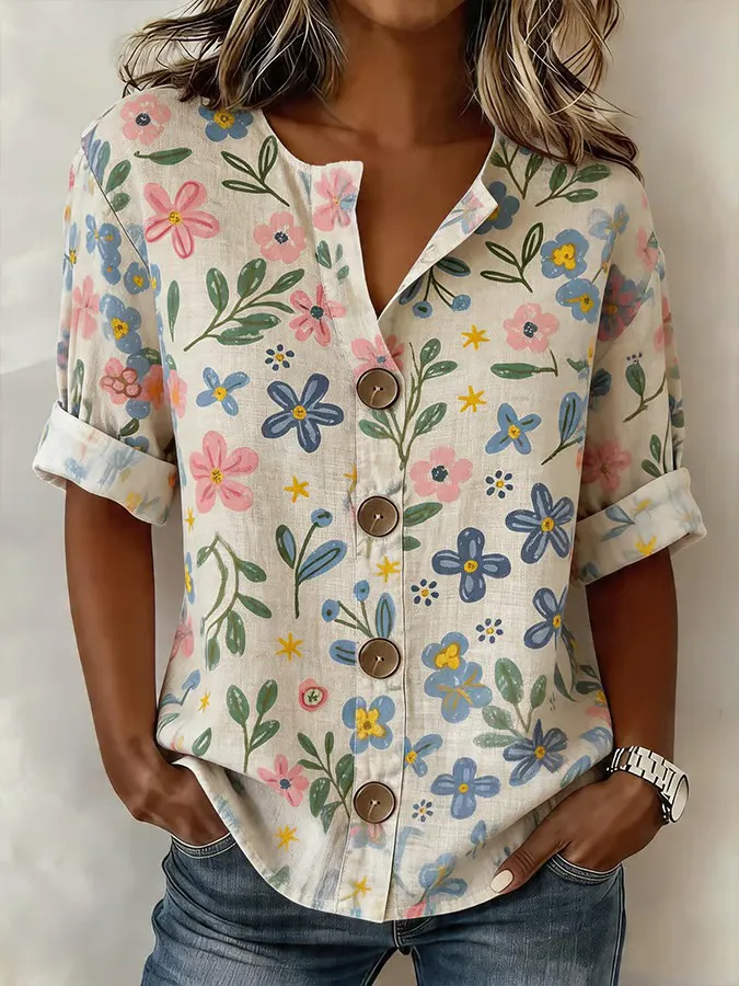 Women's Casual Short-Sleeve Cotton-Linen Top