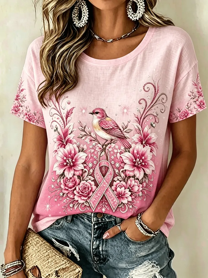 Women'S Casual Pink Breast Cancer Art Round Neck Top