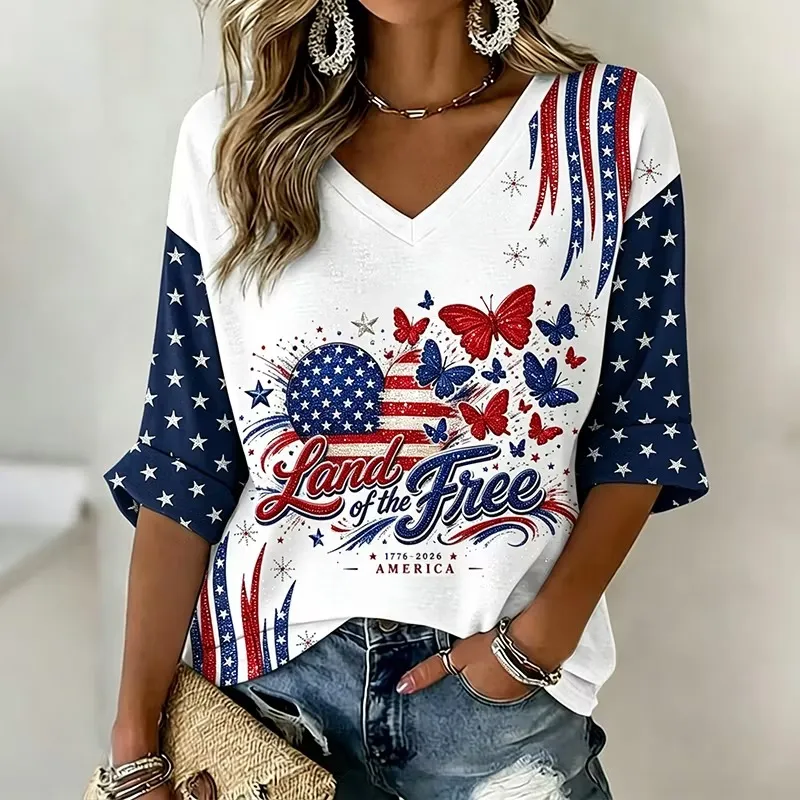 Women's Retro Independence Day Anniversary Cotton Linen T-shirt