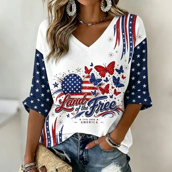Women's Retro Independence Day Anniversary Cotton Linen T-shirt