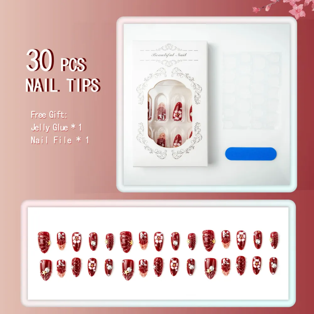 Nailhour 30Pcs Floral 3D Medium Almond Red French Press On Nails