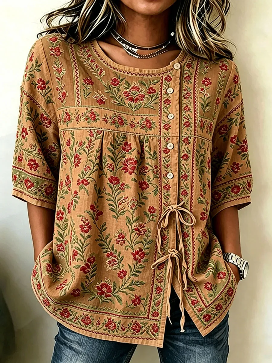 Women'S Cotton And Linen Casual Striped Print Top