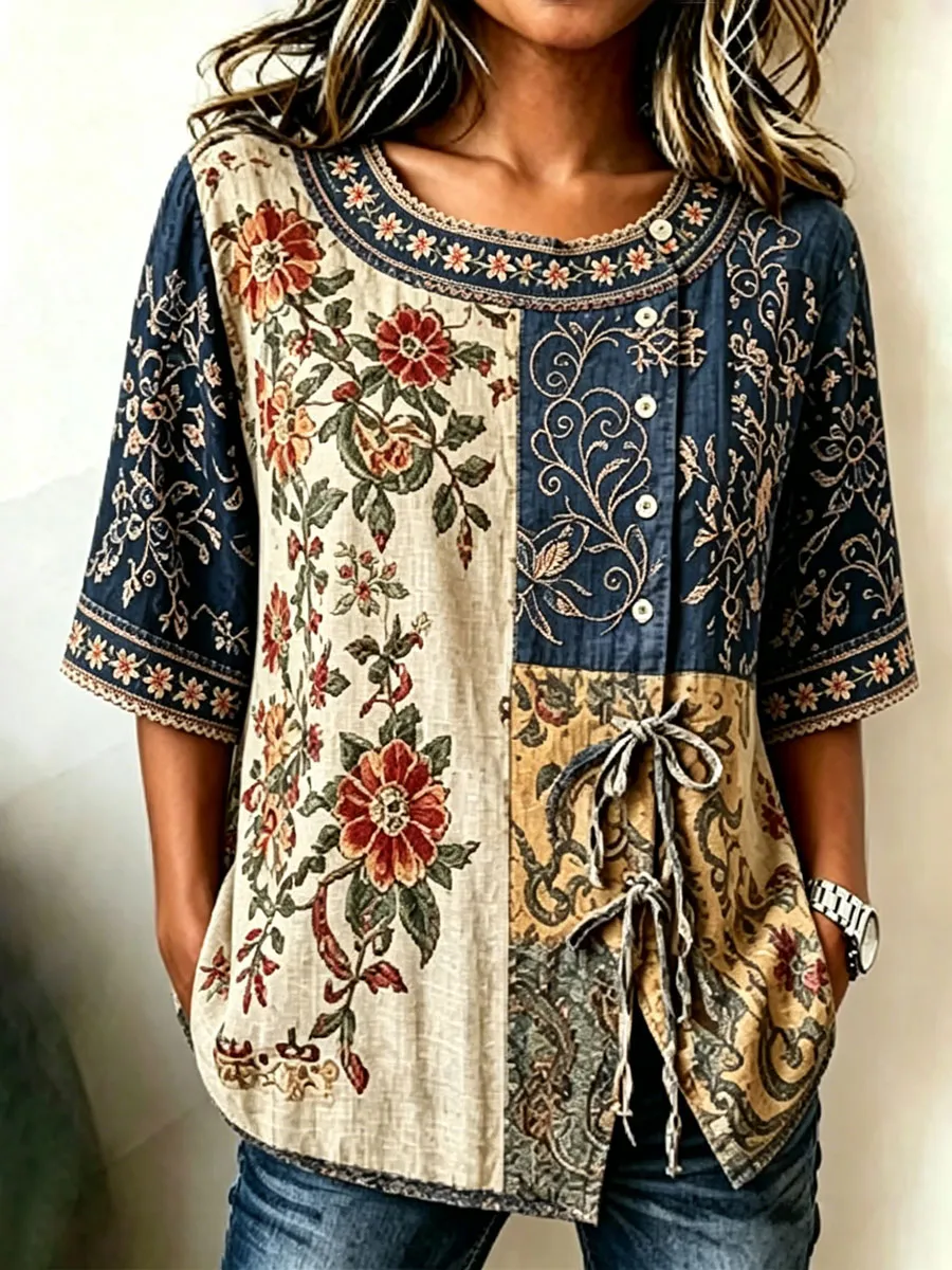 Women'S Casual Print Cotton Linen Top