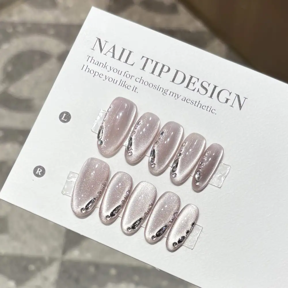 Nailhour 10Pcs Handmade Purple Cat Eye Medium Oval Press On Nails