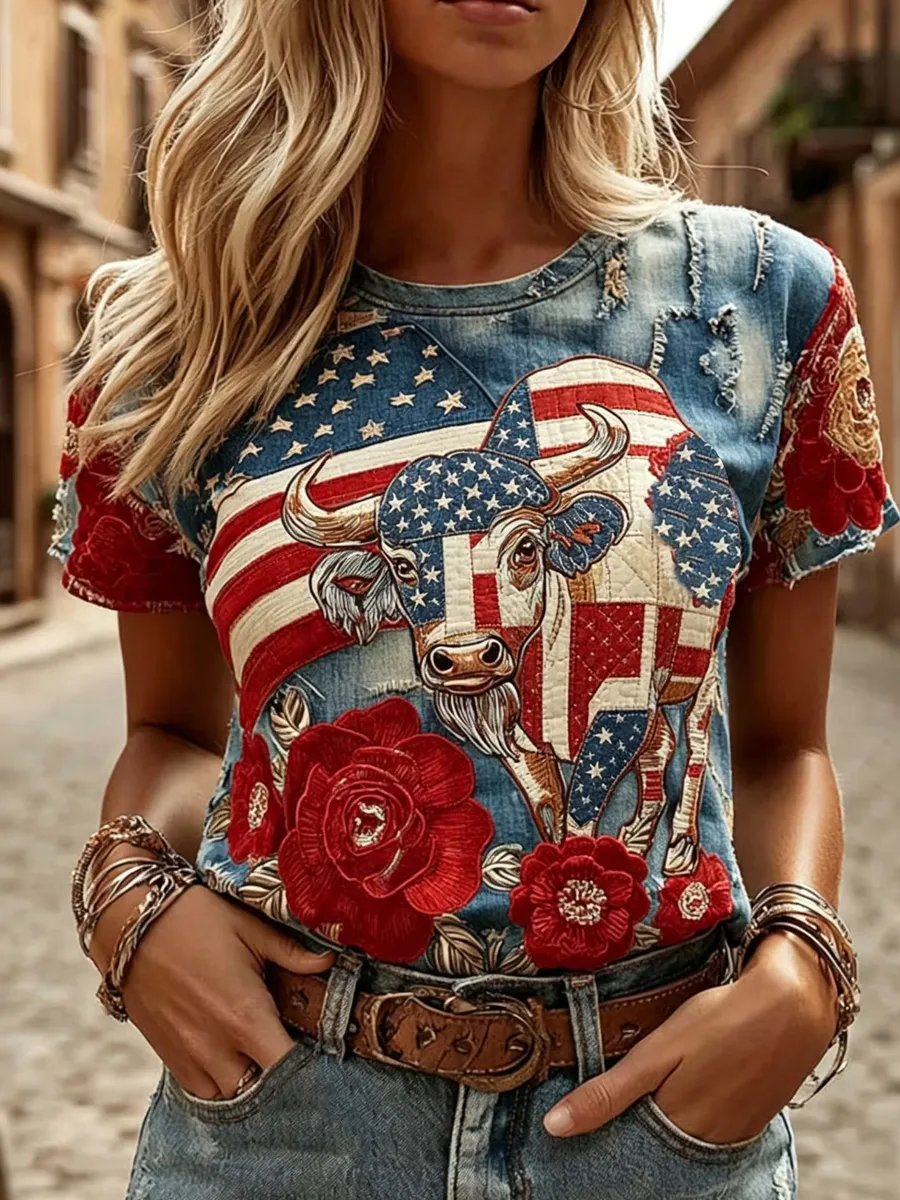 American Flag and Highland Cow Patchwork Design Women's Vintage T-Shirt