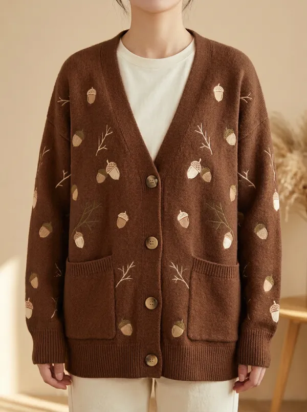 Botanical Acorn Branch Embroidered Women's Knit Cardigan